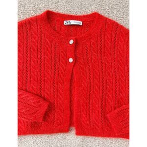 Zara NWOT Red Alpaca Wool Blend Cable Knit Cardigan Jeweled Buttons Size M